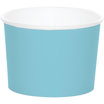 Pastel blue paper treat cup with white interior, smooth cylindrical shape.