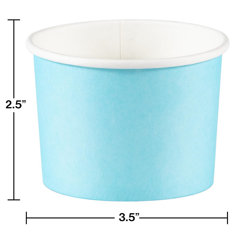 Pastel blue paper treat cup with white interior, 3.5-inch diameter and 2.5-inch height.