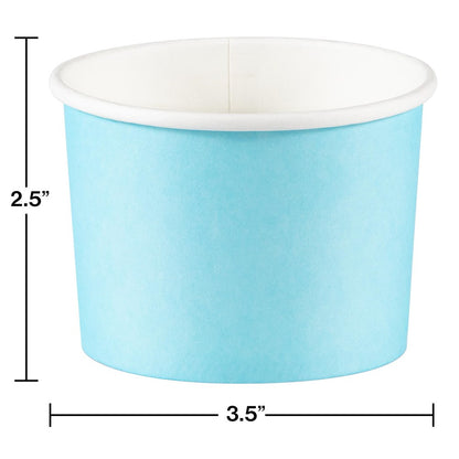 Pastel blue paper treat cup with white interior, 3.5-inch diameter and 2.5-inch height.