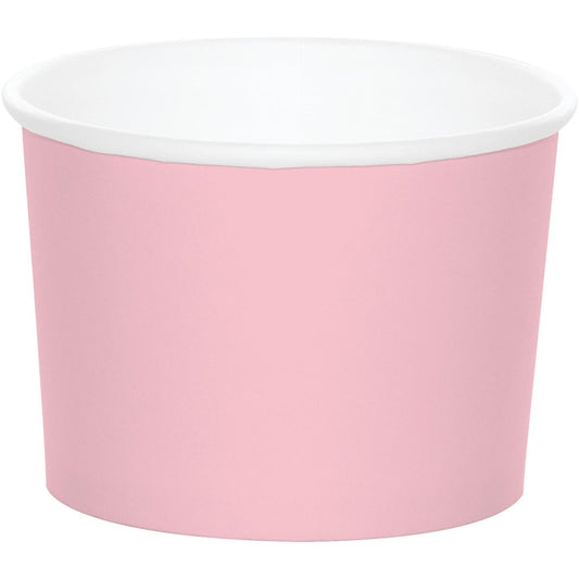 Light pink paper treat cup with white interior and rolled rim, round shape, small size.