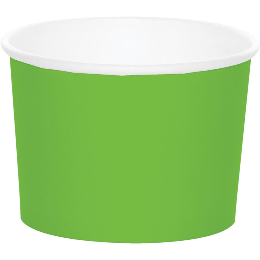 Small round treat cup with bright lime green exterior and white rim, pack of eight.