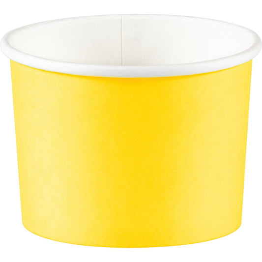 Bright yellow paper treat cup with wide, round shape and white interior rim.