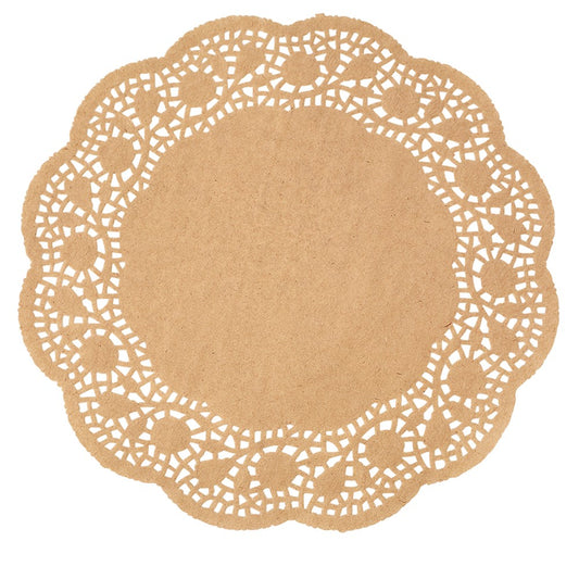 Round natural kraft paper doily with intricate lace-like cutout pattern, 10 inches diameter.