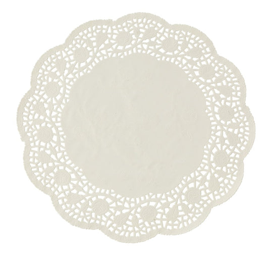 White round paper doily with scalloped lace-edge design and delicate cutout patterns, 10 inches wide.