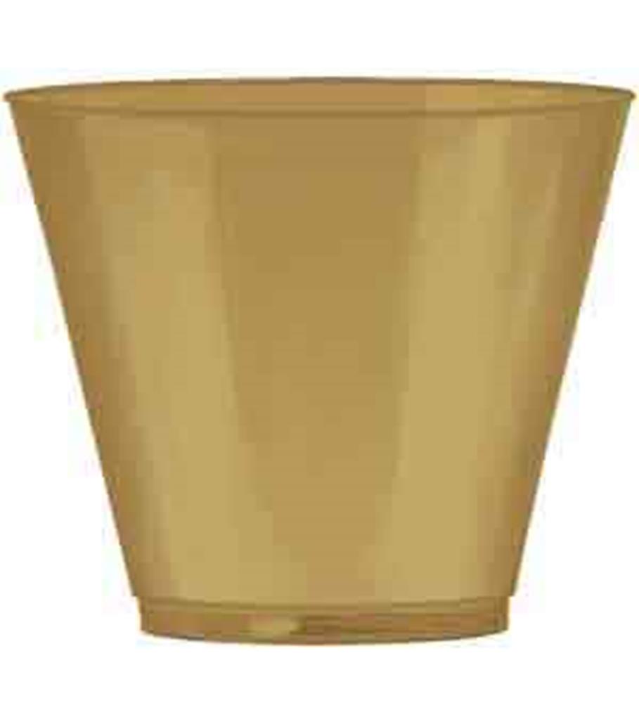Stack of shiny gold plastic cups with tapered sides and a smooth finish.