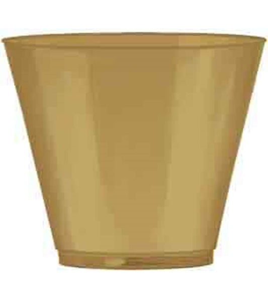 Stack of shiny gold plastic cups with tapered sides and a smooth finish.
