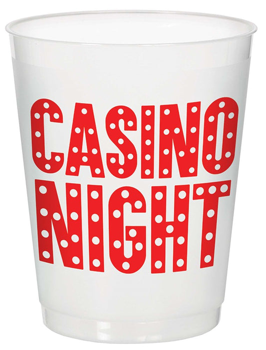 White plastic cup with bold red "CASINO NIGHT" text decorated with white dots.