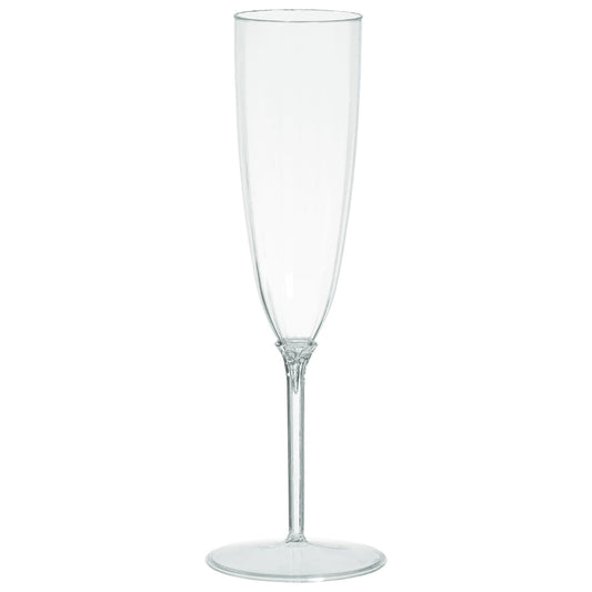 Clear fluted champagne glass with slender bowl, long stem, and round base.