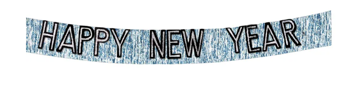 Black glittery "HAPPY NEW YEAR" banner with silver metallic fringe edges.