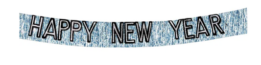 Black glittery "HAPPY NEW YEAR" banner with silver metallic fringe edges.