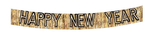 Gold glittery "Happy New Year" banner with black outlined letters and metallic fringe edges.