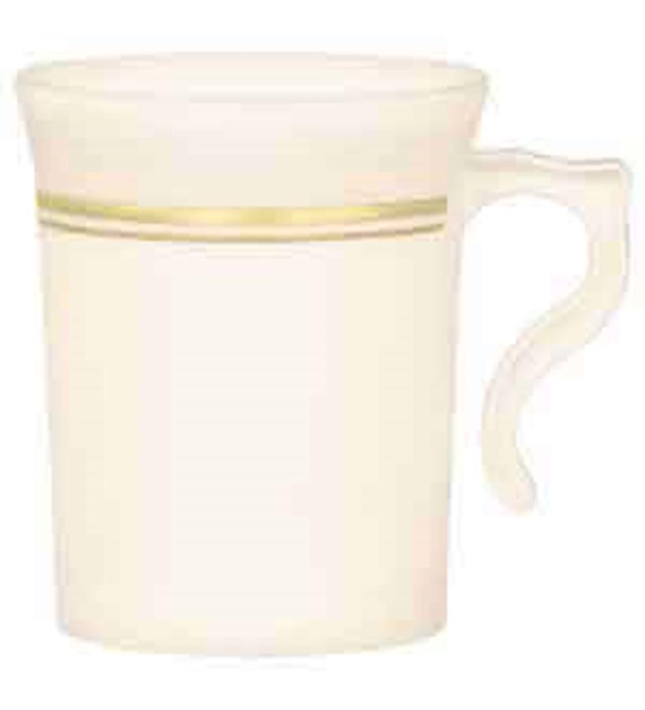 Cream coffee cup with curved handle and two thin gold bands near rim.