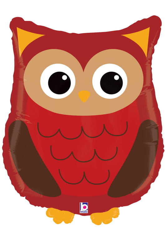 Red and brown owl-shaped foil balloon with large eyes and scalloped wing details, 23 inches tall.