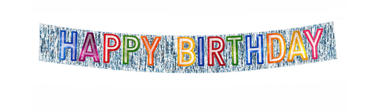 Colorful glittery banner spelling "HAPPY BIRTHDAY" with each letter in unique bright color on white background.