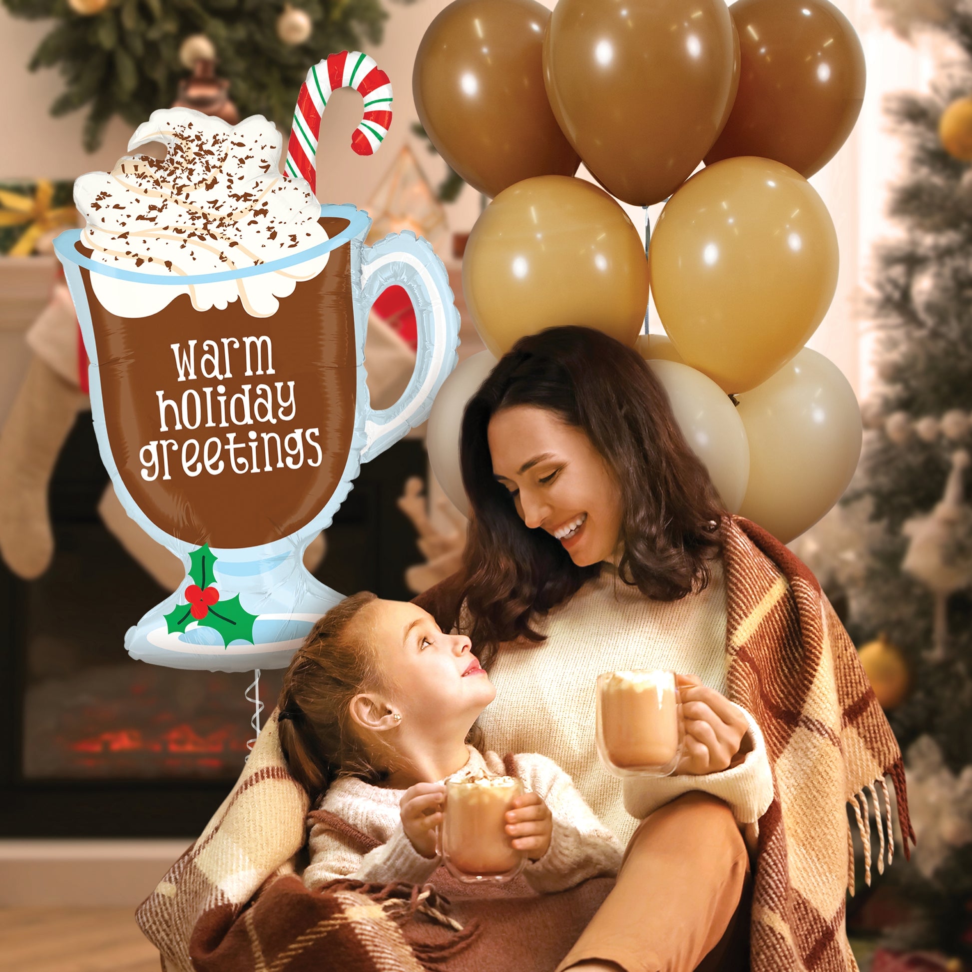 30-inch foil balloon shaped like a brown hot chocolate mug with whipped cream, candy cane, and "Warm Holiday Greetings" text.