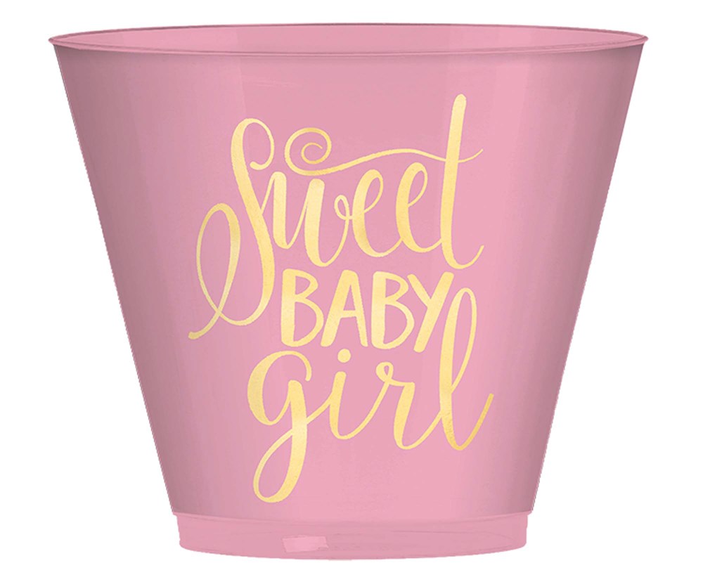 Pink plastic tumbler with yellow "Sweet Baby Girl" script and floral accents, 9-ounce size.