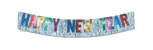 15-inch by 12-foot metallic silver banner with silver fringe and colorful "Happy New Year" letters.