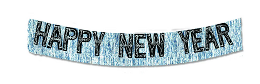 15-inch by 12-foot silver metallic banner with black "Happy New Year" letters and silver fringe edges.