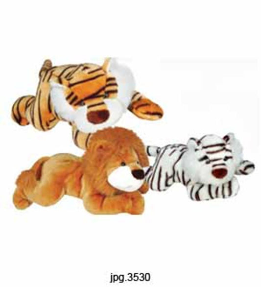 Orange tiger, brown lion, and white tiger with black stripes.