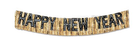 15 inch x 12 feet Metallic Banner with gold fringe and black Happy New Year