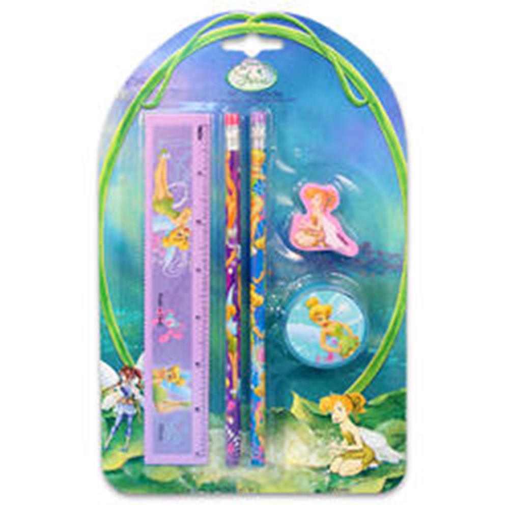Tinkerbell-themed stationary set with pink ruler, two pencils, fairy-shaped erasers, and a sharpener on colorful backing.