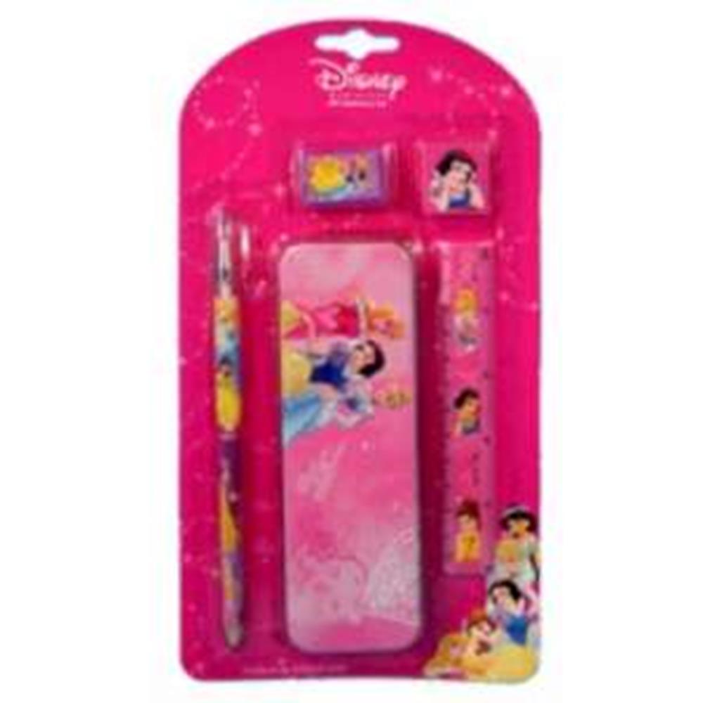 Disney Princess 5-piece stationary set with pen, ruler, eraser, sharpener, and pencil case in pink and character prints.