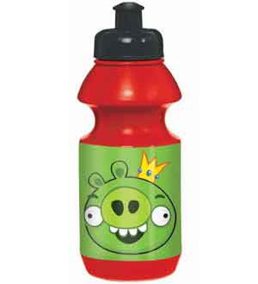 Red plastic sports drink bottle with black cap and green label featuring a cartoon pig wearing a yellow crown.