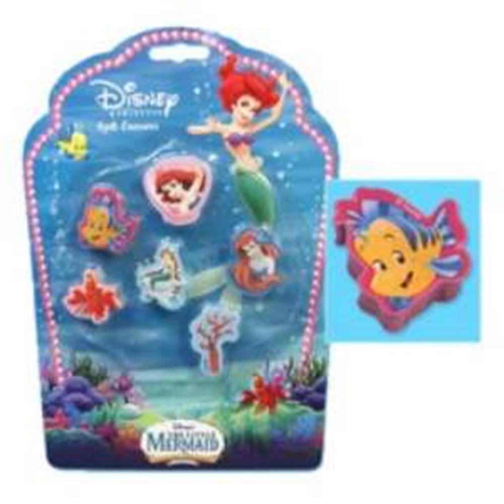 Set of six colorful Disney Little Mermaid-themed erasers shaped like Ariel, Flounder, Sebastian, and other ocean elements on