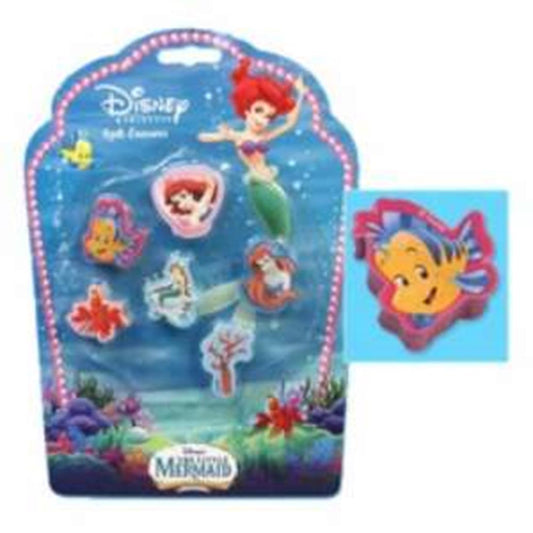 Set of six colorful Disney Little Mermaid-themed erasers shaped like Ariel, Flounder, Sebastian, and other ocean elements on