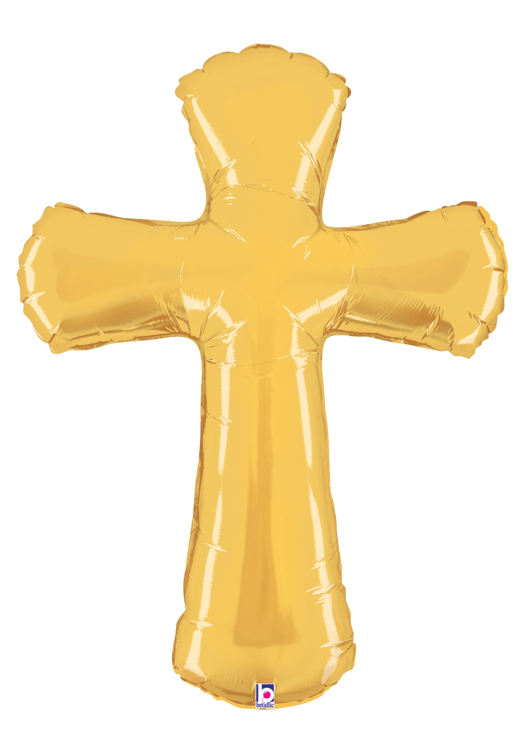 Gold foil balloon shaped like a cross with smooth, shiny surface and rounded edges.
