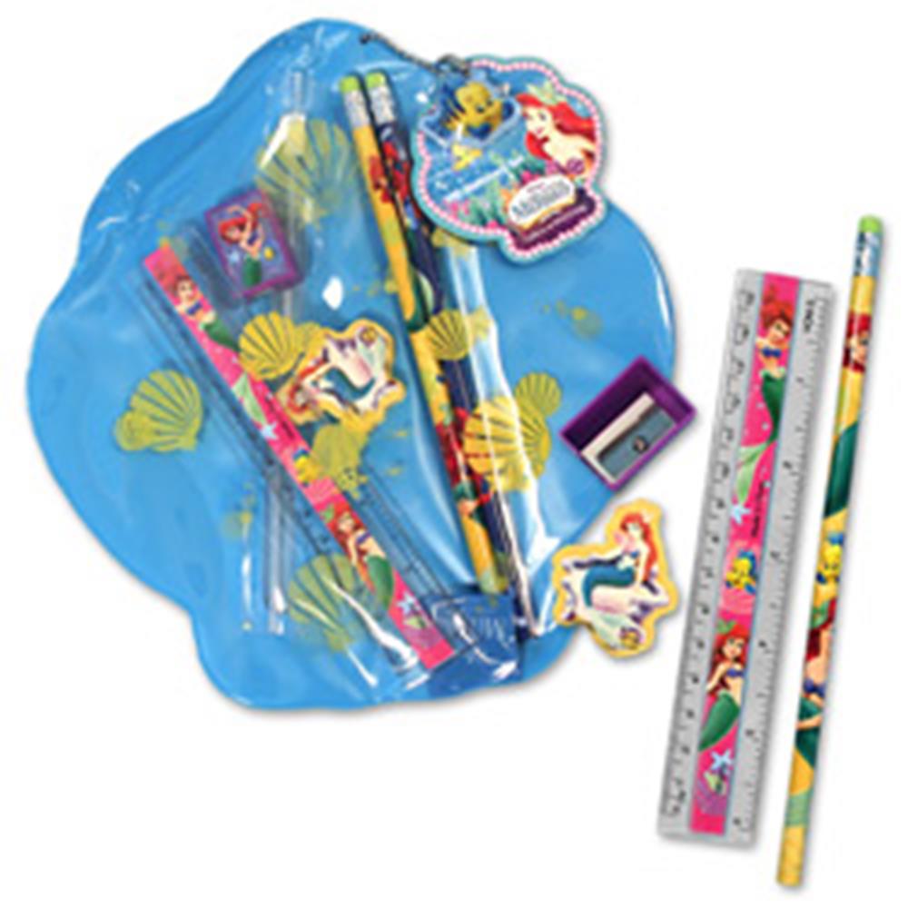 Blue shell-shaped pouch with mermaid-themed pencils, erasers, sharpener, and ruler featuring Ariel and sea elements.