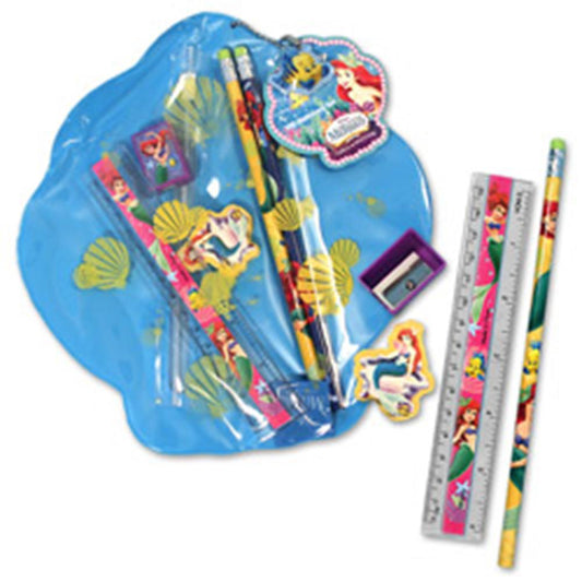 Blue shell-shaped pouch with mermaid-themed pencils, erasers, sharpener, and ruler featuring Ariel and sea elements.