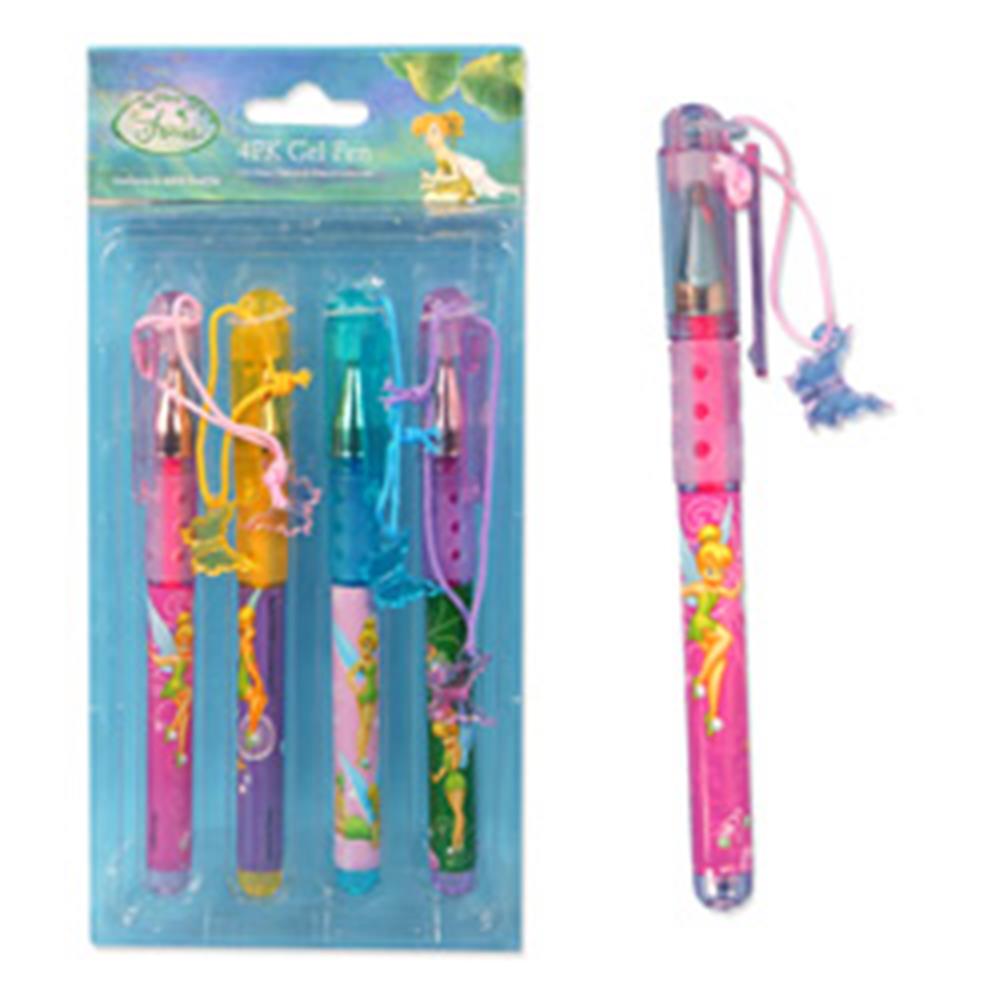Set of four colorful Tinkerbell gel pens with pink, orange, blue, and purple barrels, each featuring Tinkerbell designs and.