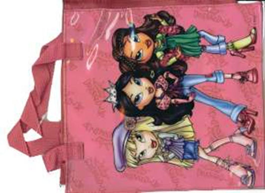 Pink PVC tote bag featuring three stylish Bratz girls illustration with matching pink handles.