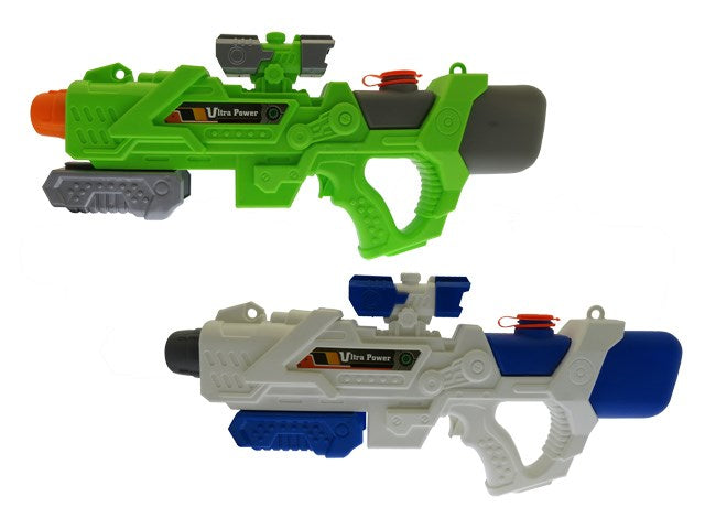 Two 19.5-inch water guns, one green with orange and black accents, one white with blue and black accents, both with trigger.