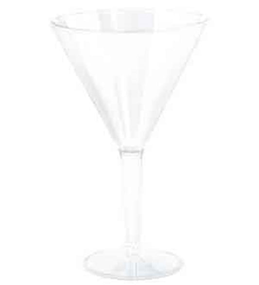 Clear oversized martini glass with wide conical bowl and long slender stem, 32oz capacity.