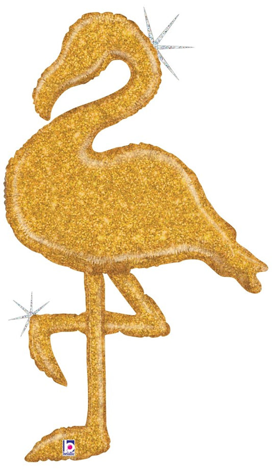 Betallic Gold Glitter Flamingo 44 inch Glitter Holographic Shaped Foil Balloon Packaged 1ct