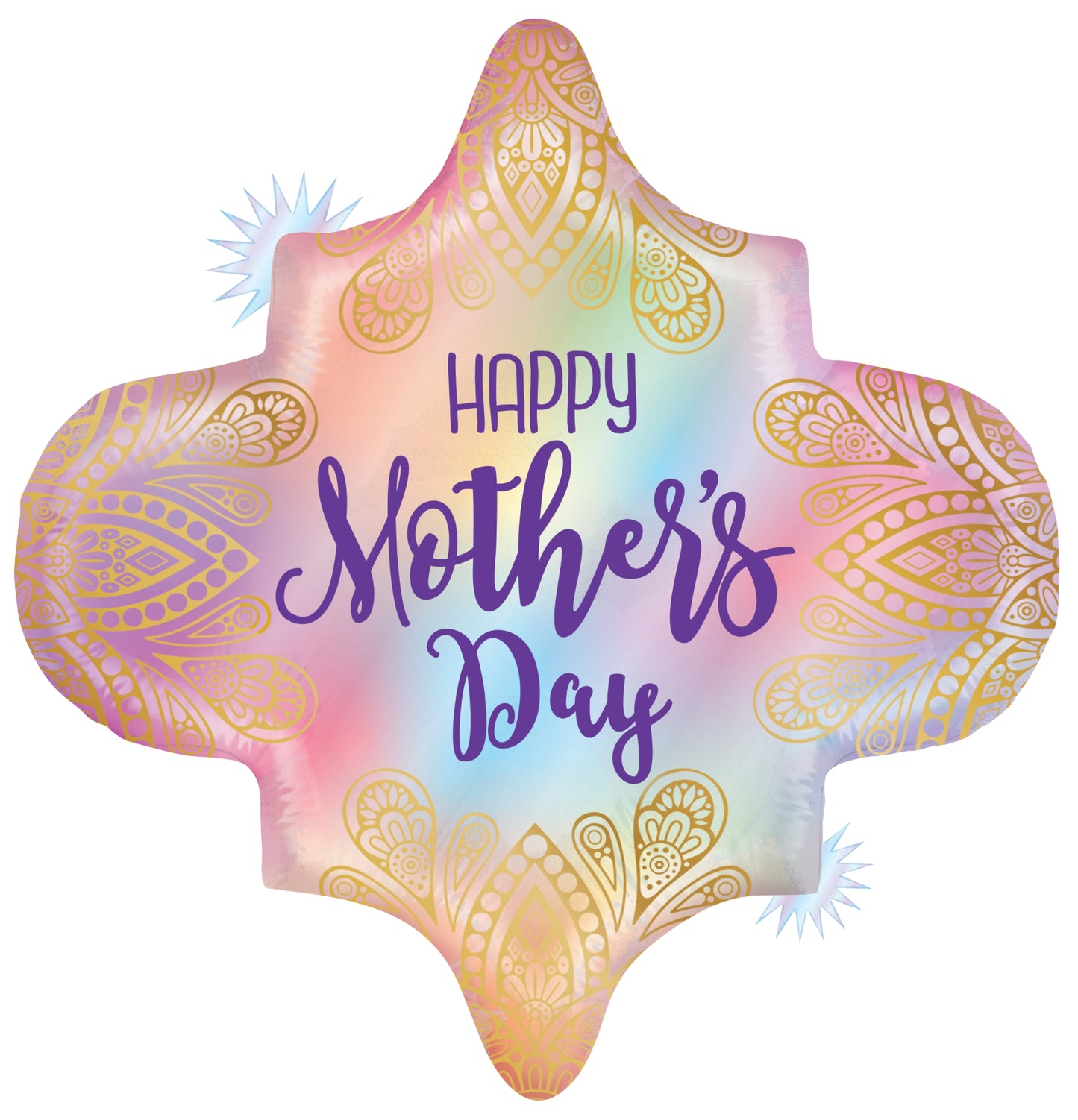 27-inch opal holographic balloon with gold paisley designs and purple "Happy Mother's Day" text.