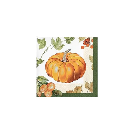 White square beverage napkin with orange pumpkin, green leaves, and small orange berries design on a green border.
