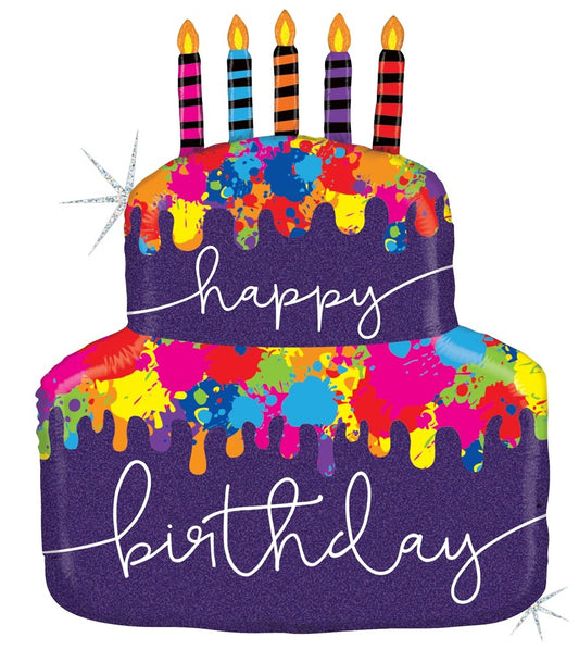 Betallic Paint Splatter Birthday Cake 25 inch Holographic Shaped Foil Balloon 1ct