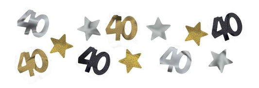 Metallic gold, silver, black "40" numbers and stars confetti for 40th birthday celebration.