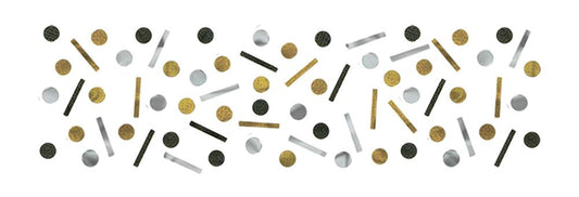 Gold, silver, and black metallic confetti with circles, dots, and bar shapes for 30th birthday celebrations.