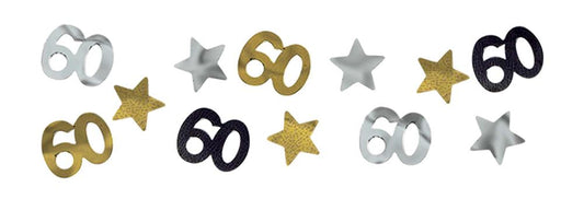 Metallic gold, silver, and black confetti pieces shaped as "60" and stars.