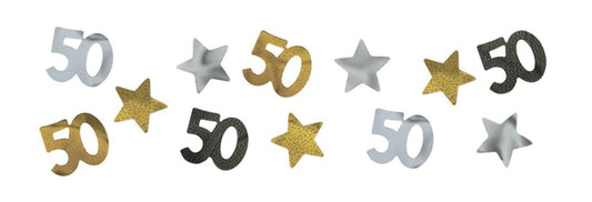 Mixed gold, silver, and black "50" and star-shaped confetti pieces for 50th birthday celebrations.