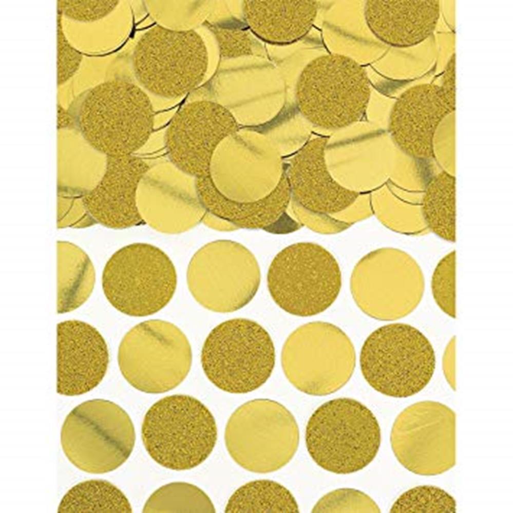 Gold circular confetti with a mix of glittery and shiny foil finishes scattered and lined up in rows.
