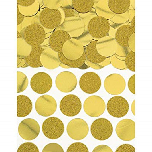 Gold circular confetti with a mix of glittery and shiny foil finishes scattered and lined up in rows.