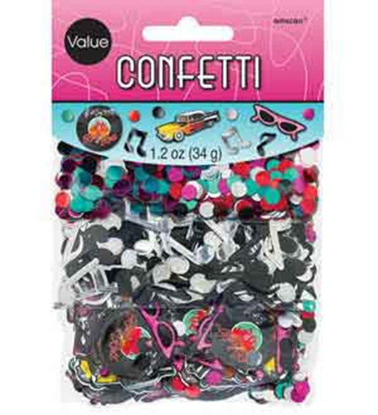 Colorful classic 50s-themed confetti pack with teal, pink, black, and white shapes and patterns.