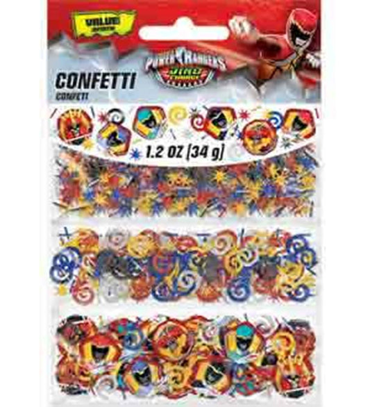 Colorful confetti mixed with Power Rangers Dino Charge symbols in red, yellow, and blue tones.