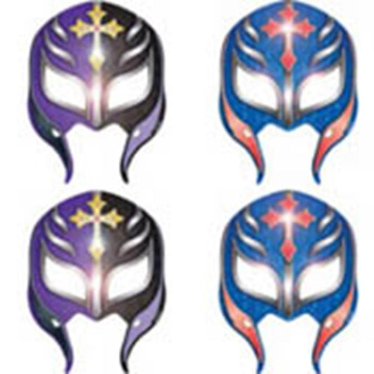 Four colorful wrestling masks in purple and blue, featuring star designs and cutouts for eyes, nose, and mouth, made of.