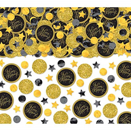 Assorted gold, black, and silver confetti with round glitter pieces, stars, and "Happy Birthday" circular cutouts.